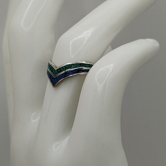 Turquoise and Lapis Chip Inlay Sterling Silver Ring Size 6.75 - Picture 6 of 8